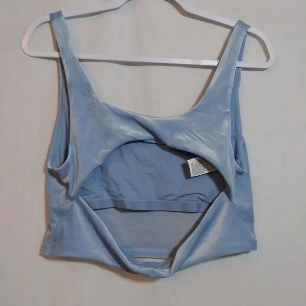 Athleta Plush Velvet Cut Out Crop A-C Scoop Neck Sports Bra In Blue Size XL